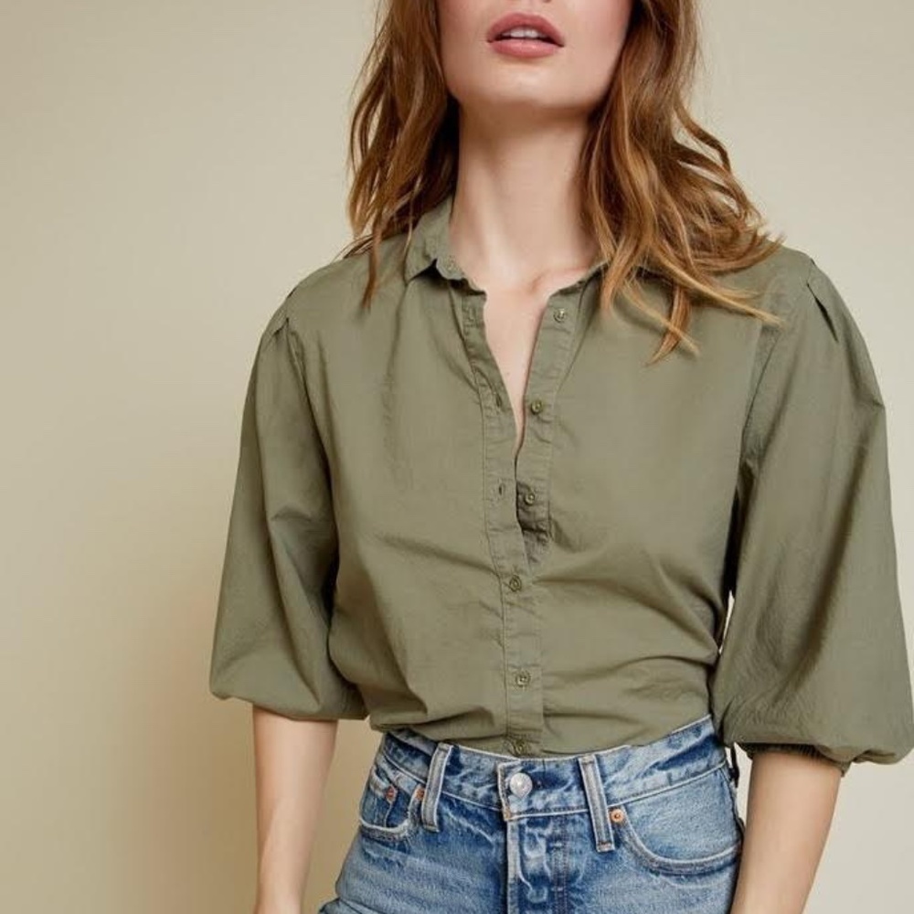 Nation LTD Pima Cotton Blouse S | Puff Sleeve Button Front Top Minimalist Chic - Picture 9 of 14